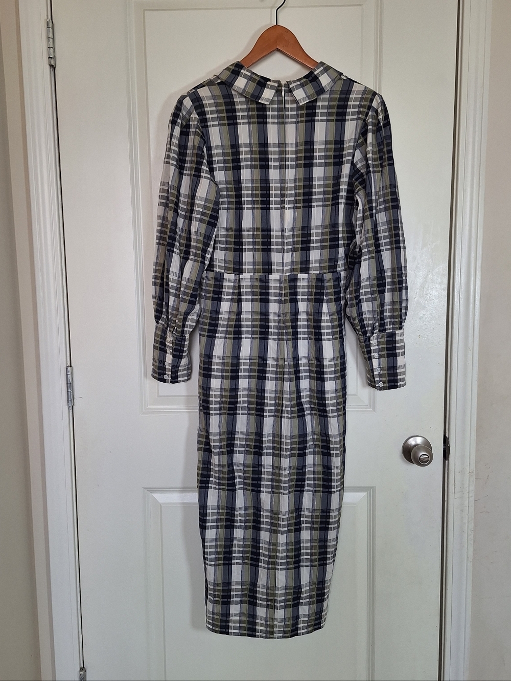 Veronica Beard Barrett Plaid Twist Front Puff Sleeve Blue Green Midi Dress Sz 8 - Picture 4 of 7